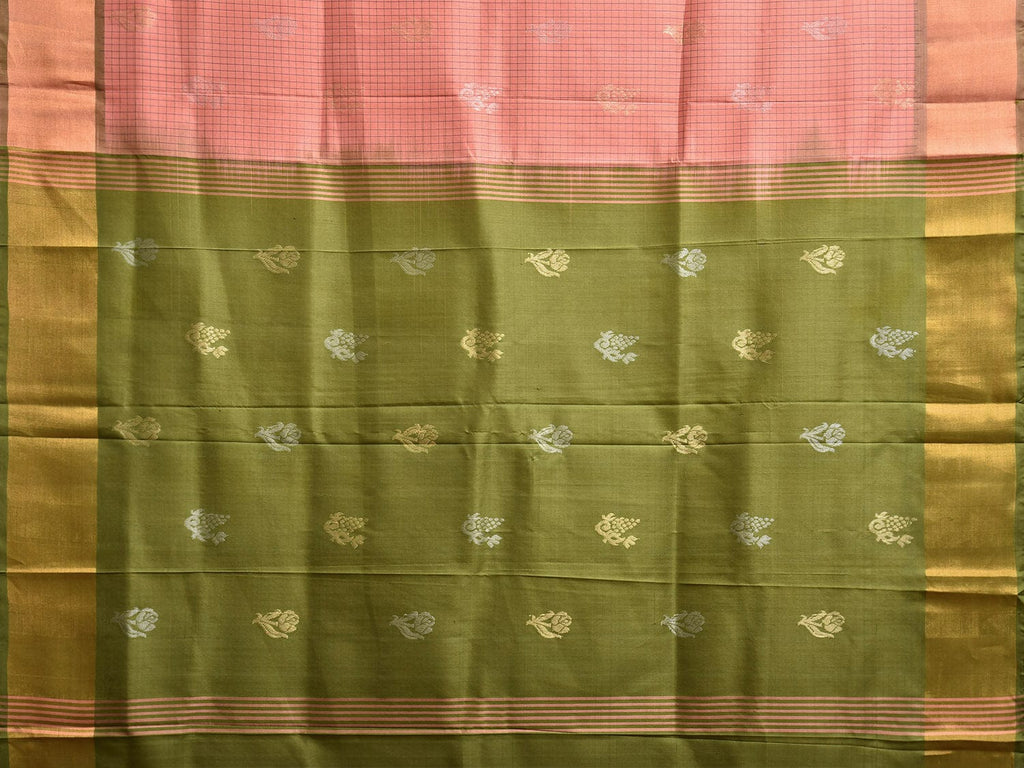 Peach and Olive Uppada Silk Handloom Saree with Checks and Buta Design u2389
