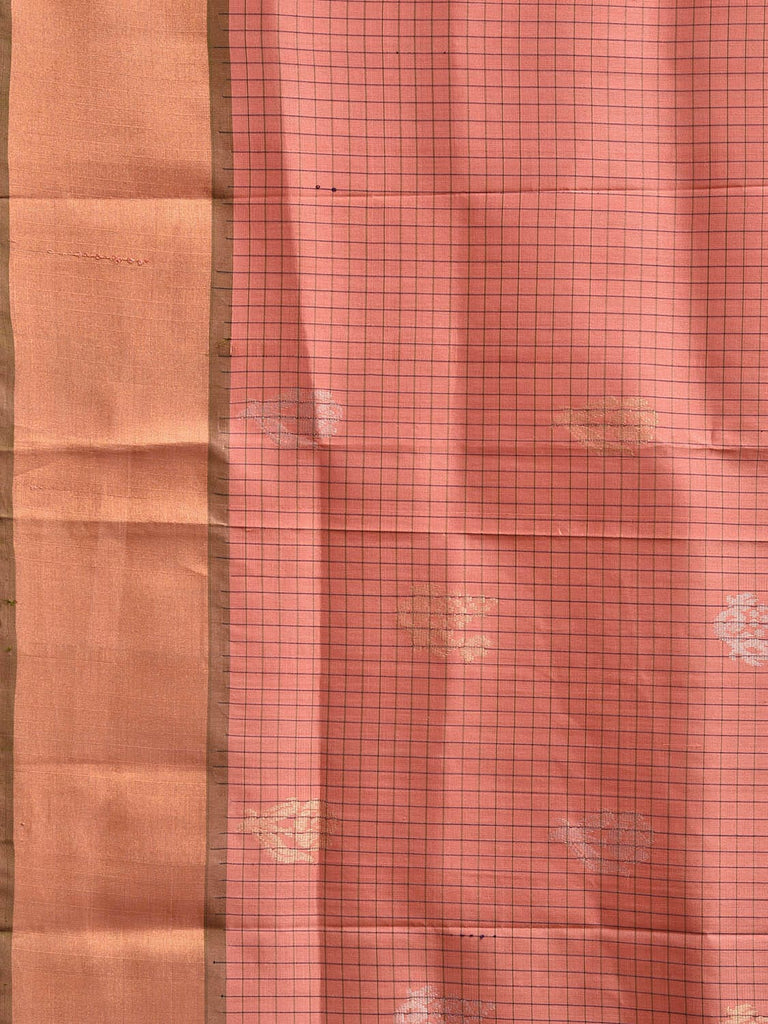 Peach and Olive Uppada Silk Handloom Saree with Checks and Buta Design u2389