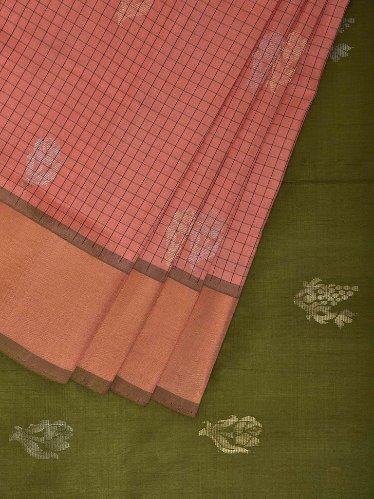 Peach and Olive Uppada Silk Handloom Saree with Checks and Buta Design u2389