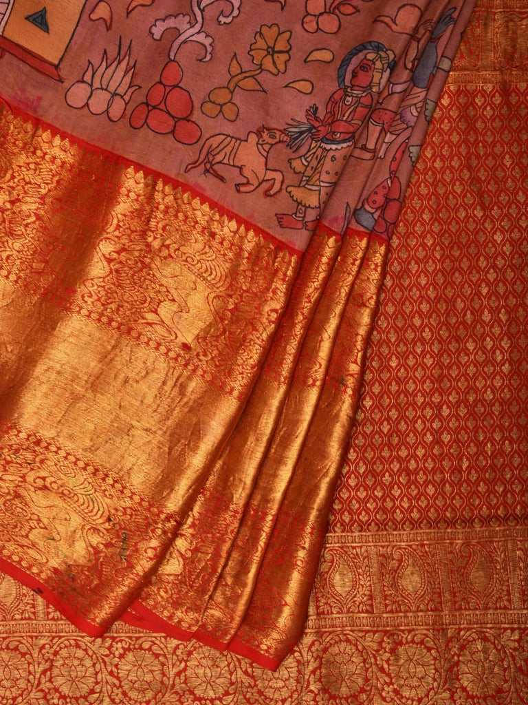 Peach and Red Kalamkari Hand Painted Kanchipuram Silk Handloom Saree with Dashavatar Design KL0744