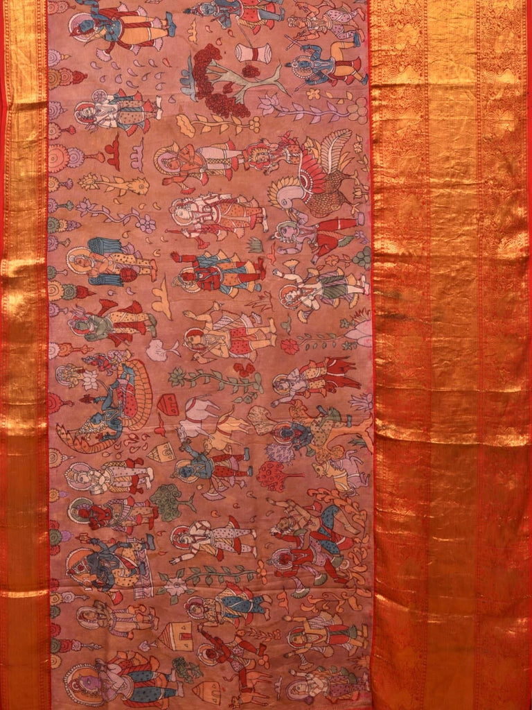 Peach and Red Kalamkari Hand Painted Kanchipuram Silk Handloom Saree with Dashavatar Design KL0744