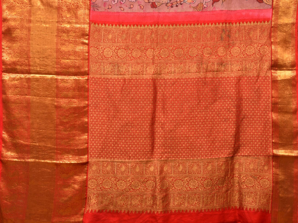 Peach and Red Kalamkari Hand Painted Kanchipuram Silk Handloom Saree with Dashavatar Design KL0744