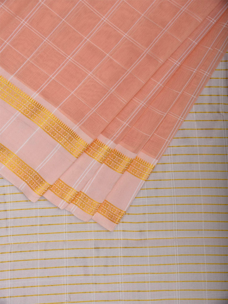 Peach Bamboo Cotton Saree with Big Checks Design No Blouse bc0797