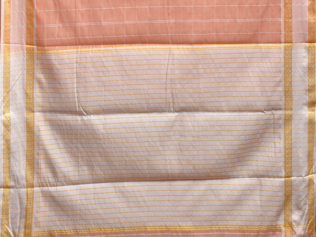 Peach Bamboo Cotton Saree with Big Checks Design No Blouse bc0797