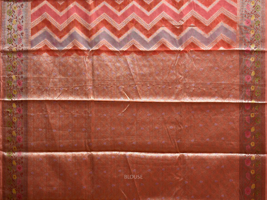 Peach Banaras Tissue Saree with Zig-Zag and Border-Pallu Design b0234