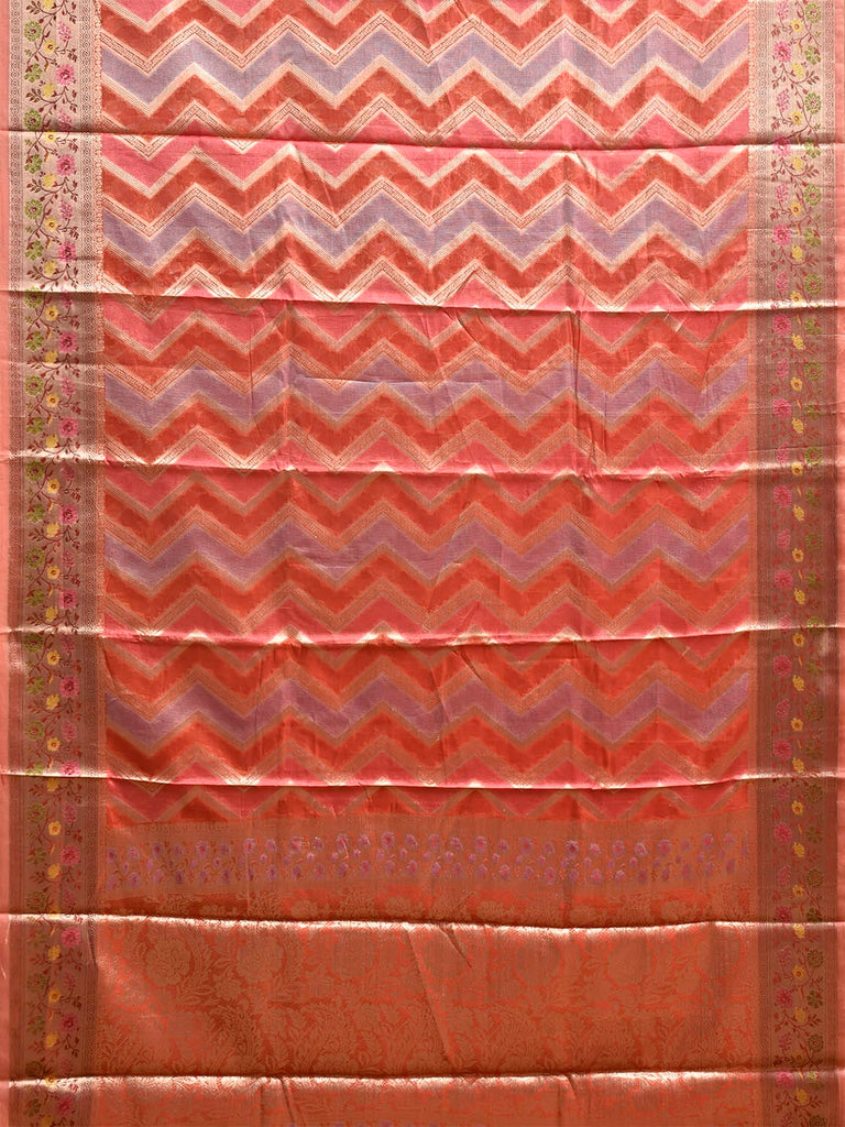 Peach Banaras Tissue Saree with Zig-Zag and Border-Pallu Design b0234