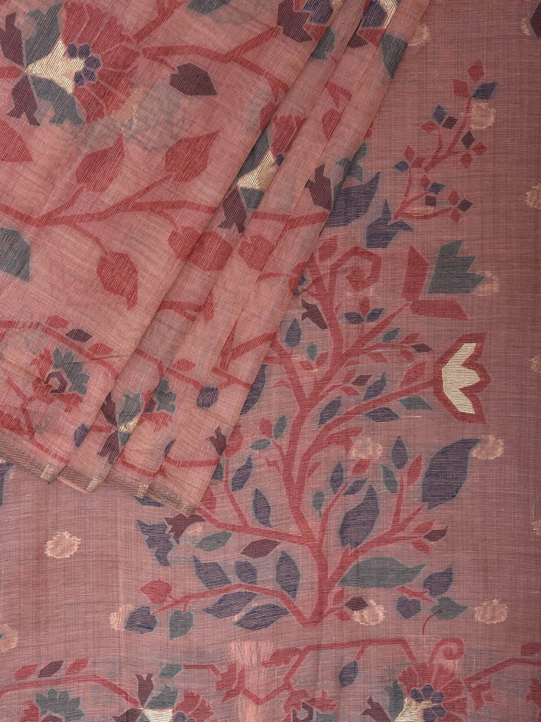 Peach Dhakai Jamdani Cotton Viscose Saree with All Over Floral Design dj0156