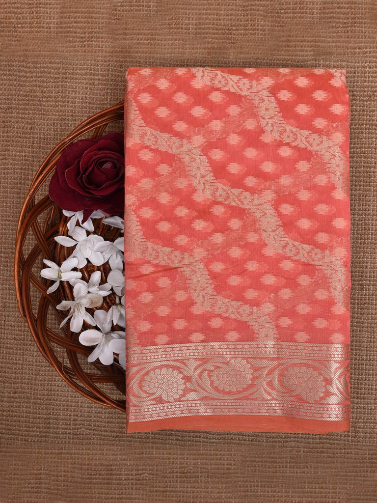 Peach Dhakai Jamdani Cotton Viscose Saree with Diagonal Design dj0036