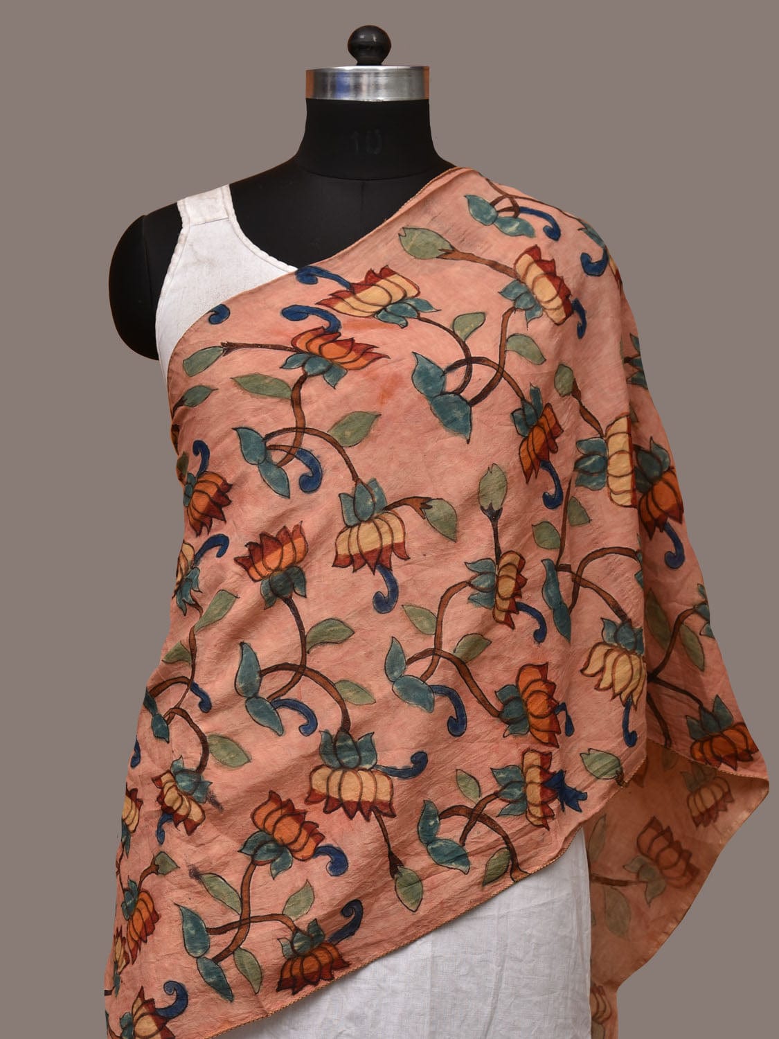 Peach Kalamkari Hand Painted Cotton Handloom Stole with Lotus Flowers ...