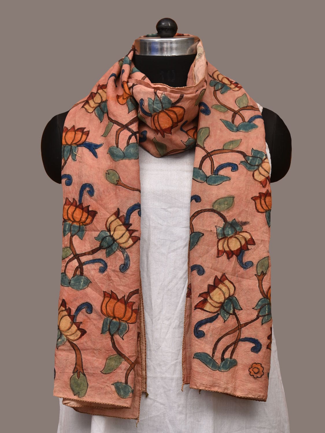Peach Kalamkari Hand Painted Cotton Handloom Stole with Lotus Flowers ...