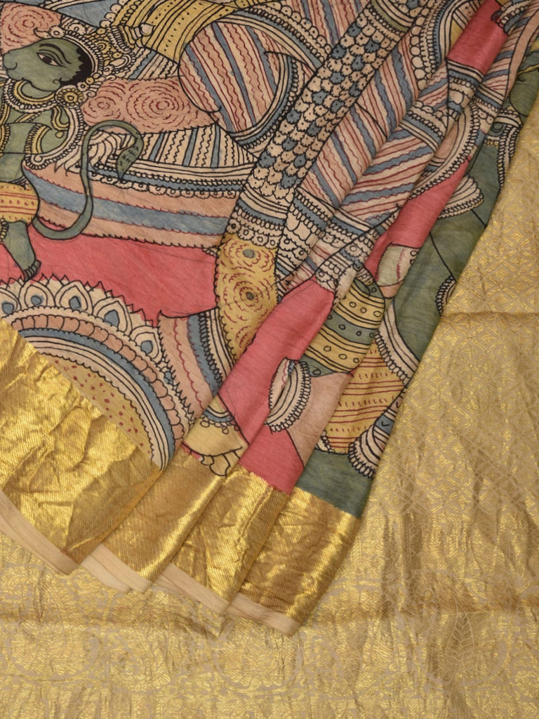 Peach Kalamkari Hand Painted Kanchipuram Silk Handloom Saree with Ramayana Design KL0769