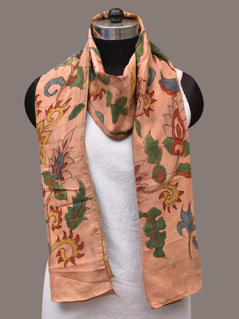 Peach Kalamkari Hand Painted Sico Stole with Floral and Birds Design ds3384