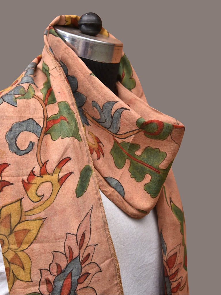 Peach Kalamkari Hand Painted Sico Stole with Floral and Birds Design ds3384