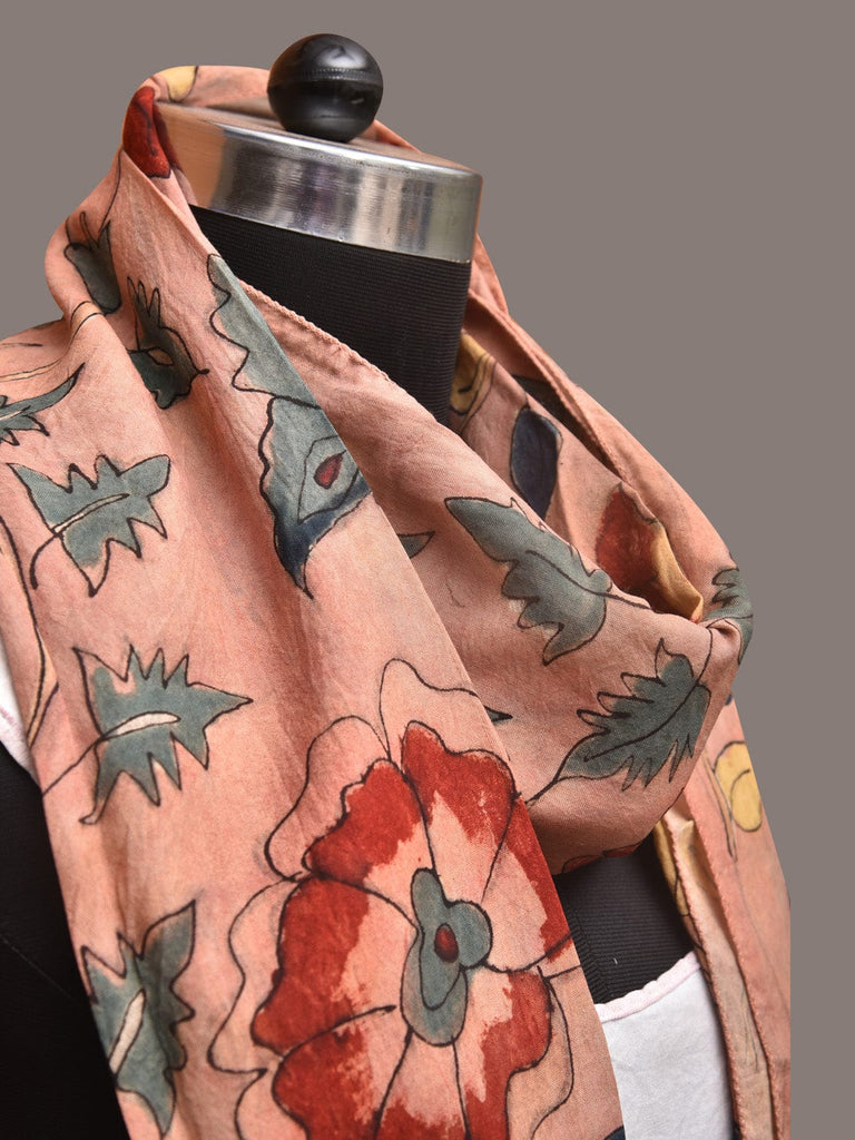 Peach Kalamkari Hand Painted Sico Stole with Floral and Birds Design ds3391