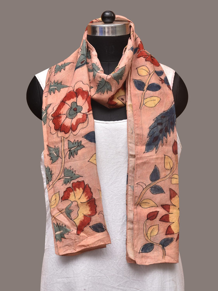 Peach Kalamkari Hand Painted Sico Stole with Floral and Birds Design ds3391