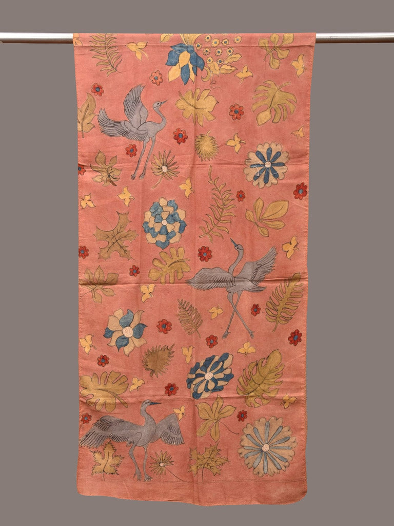 Peach Kalamkari Hand Painted Sico Stole with Floral and Birds Design ds3407