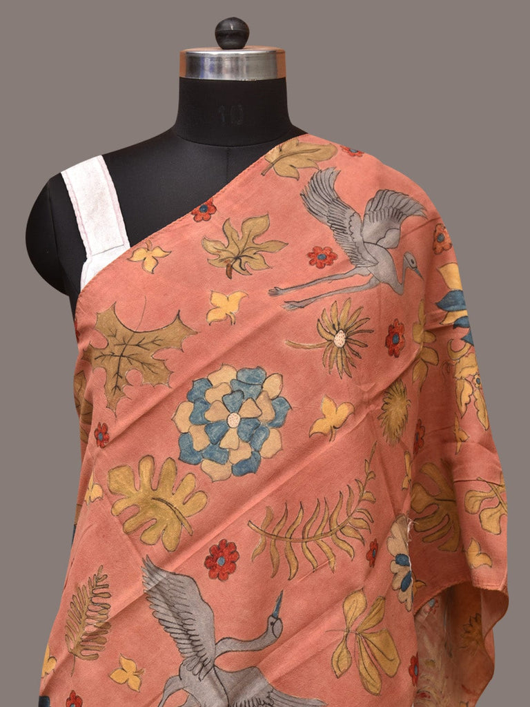 Peach Kalamkari Hand Painted Sico Stole with Floral and Birds Design ds3407