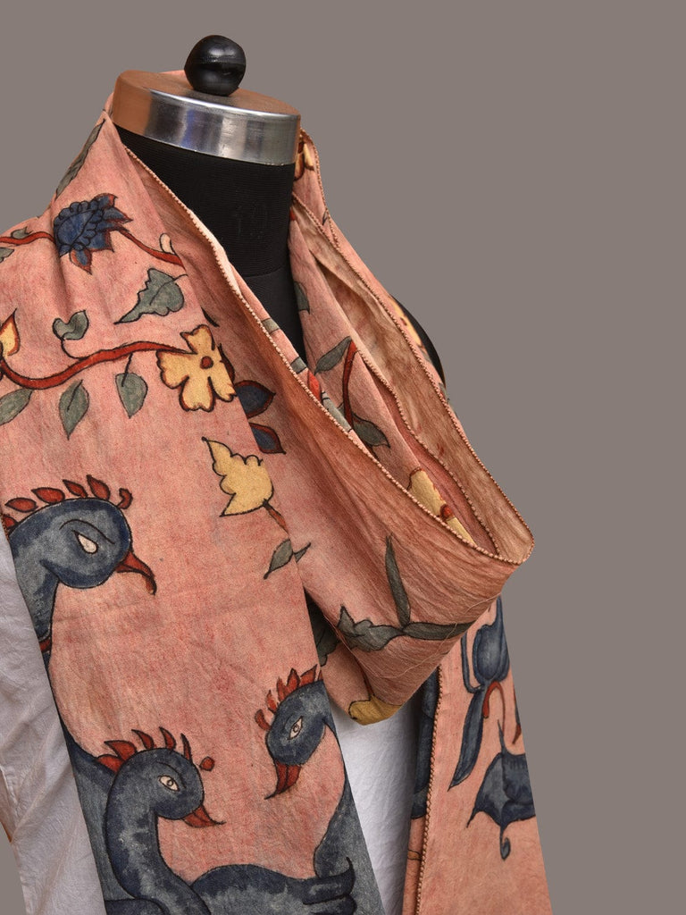 Peach Kalamkari Hand Painted Sico Stole with Floral and Birds Design ds3518