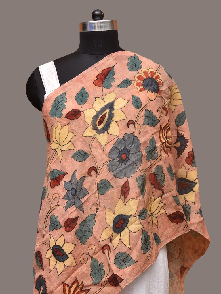 Peach Kalamkari Hand Painted Sico Stole with Floral Design ds3395