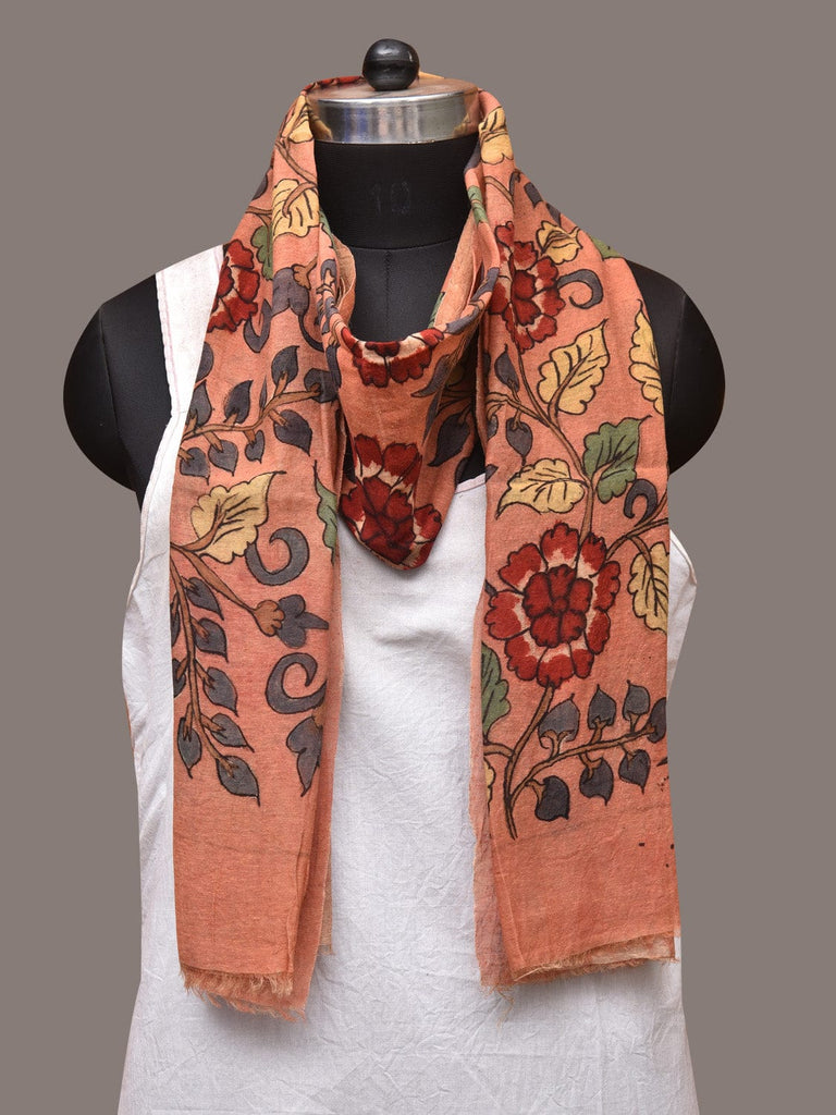 Peach Kalamkari Hand Painted Sico Stole with Flowers Design ds3414