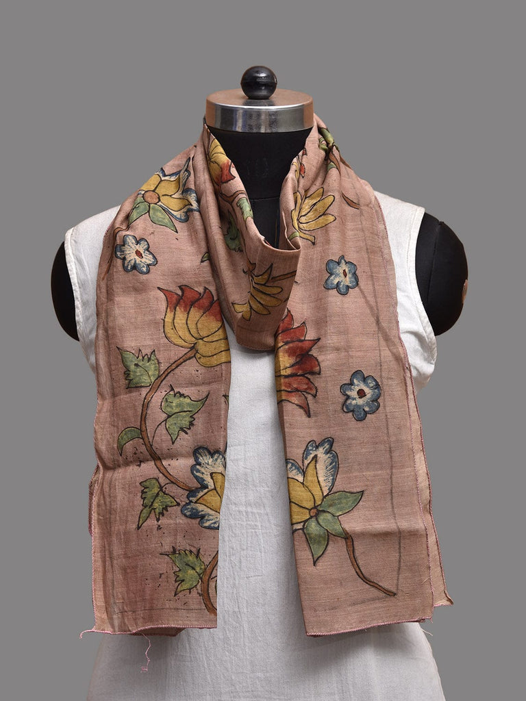 Peach Kalamkari Hand Painted Sico Stole with Lotus Flowers Design ds3807