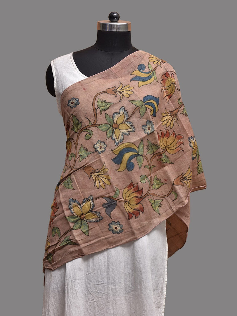 Peach Kalamkari Hand Painted Sico Stole with Lotus Flowers Design ds3807