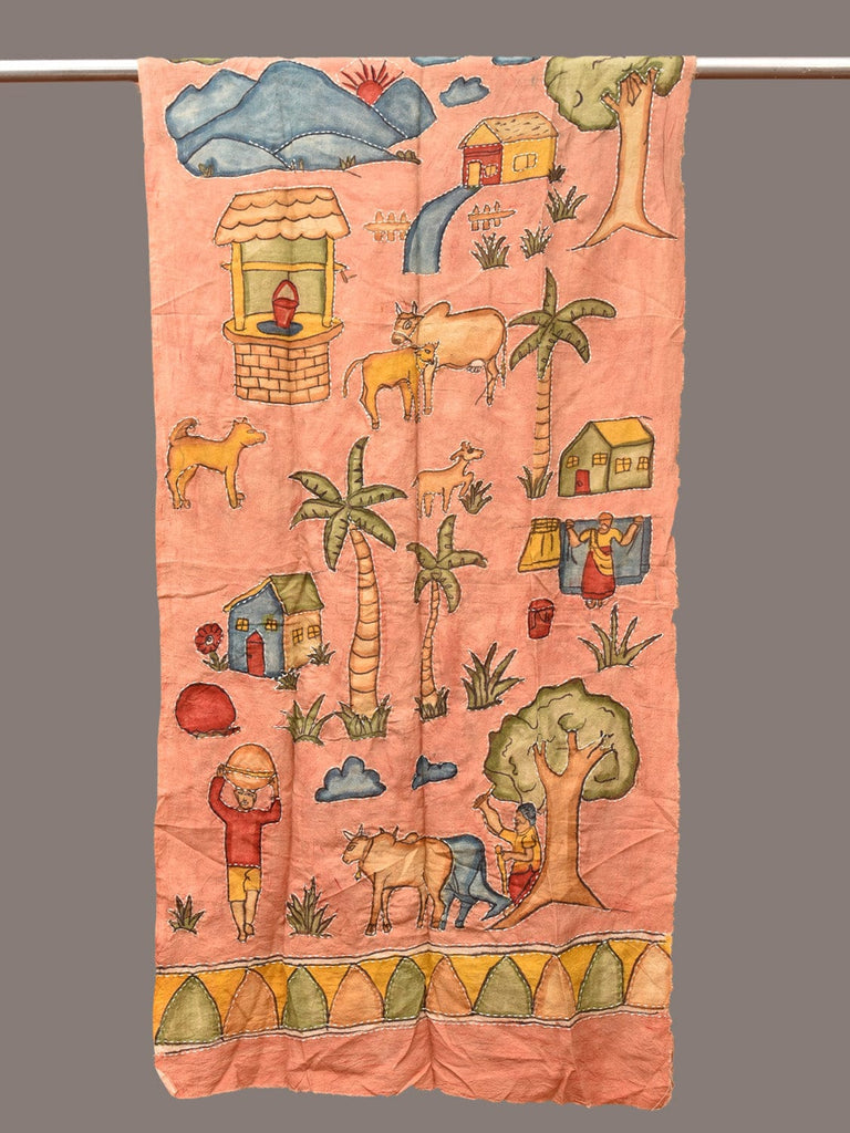 Peach Kalamkari Hand Painted Sico Stole with Village Theme Design ds3246