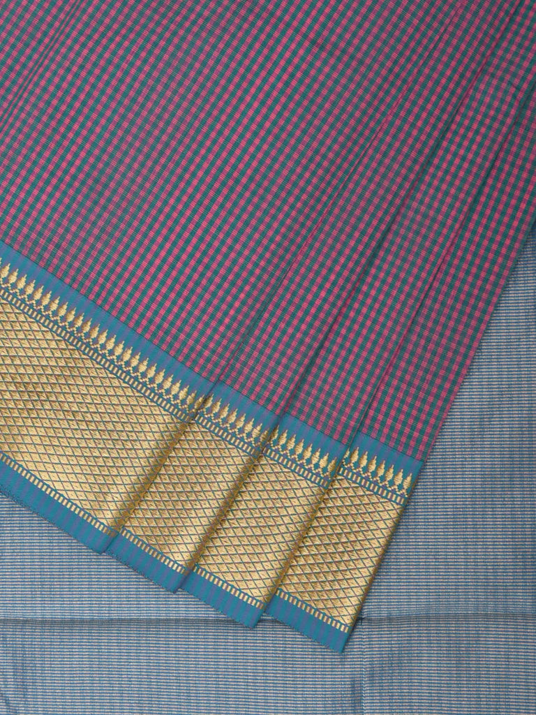 Pink and Blue Bamboo Cotton Saree with Small Checks Design No Blouse bc0292