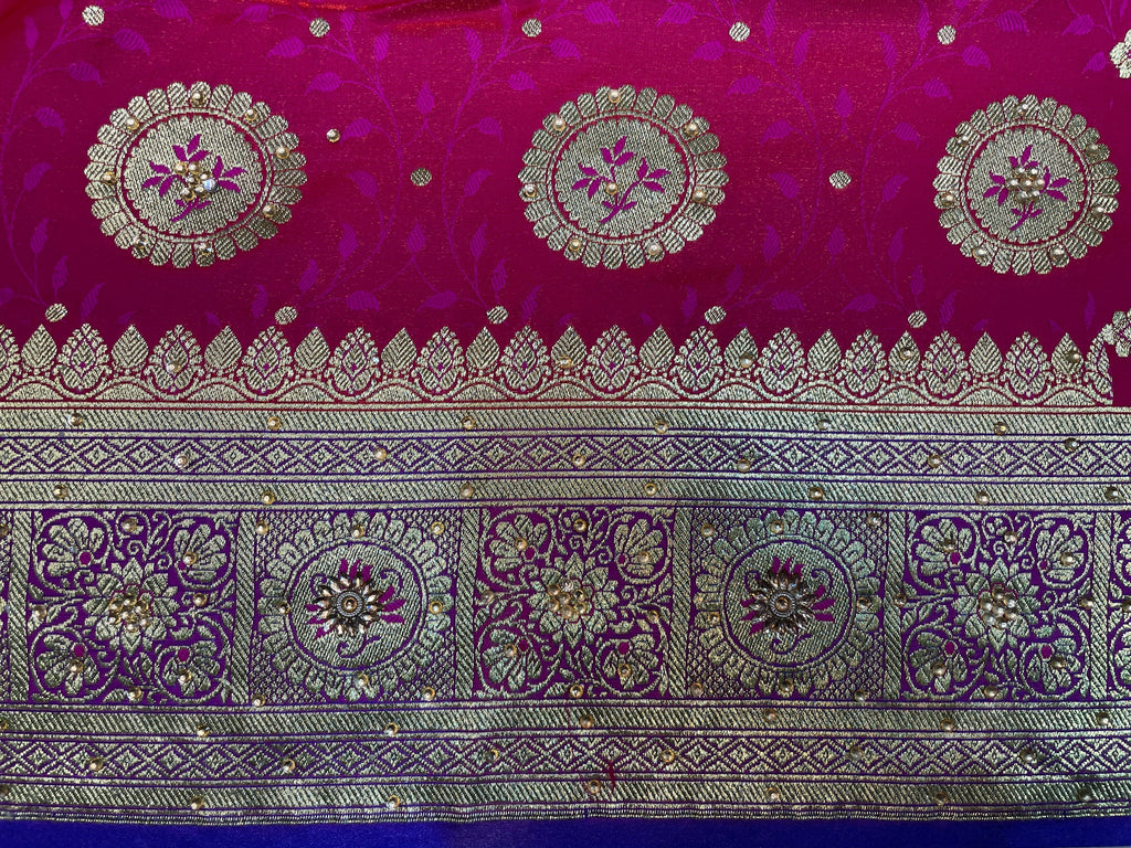Pink And Blue Katan Banarasi Saree with Silver Zari Floral Weaving And Grand Pallu B0637ds
