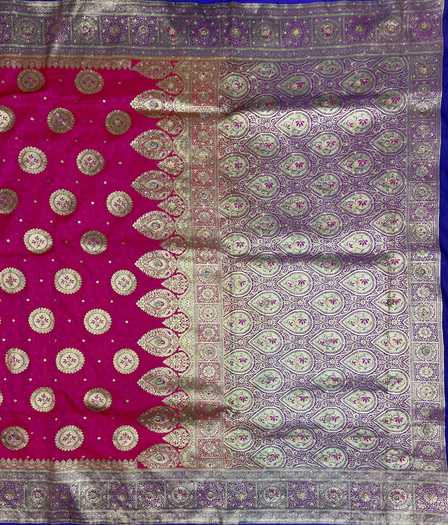 Pink And Blue Katan Banarasi Saree with Silver Zari Floral Weaving And Grand Pallu B0637ds