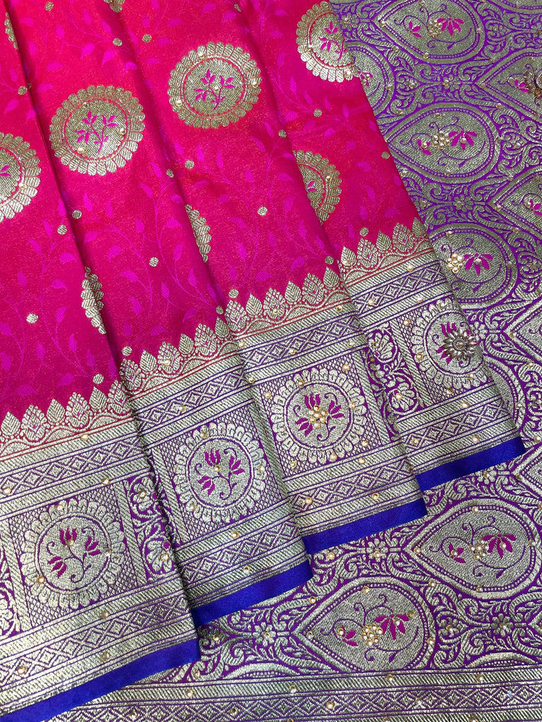 Pink And Blue Katan Banarasi Saree with Silver Zari Floral Weaving And Grand Pallu B0637ds
