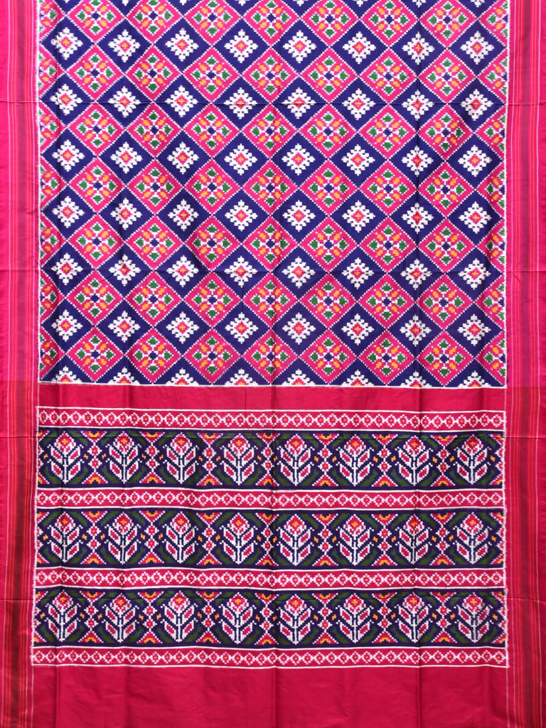 Pink and Dark Blue Pochampally Double Ikat Silk Handloom Saree with Grill Design i0757
