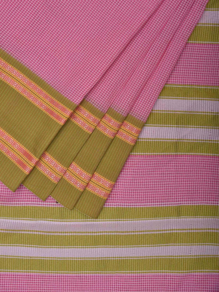 Pink and Green Bamboo Cotton Saree with Small Checks Design No Blouse bc0701