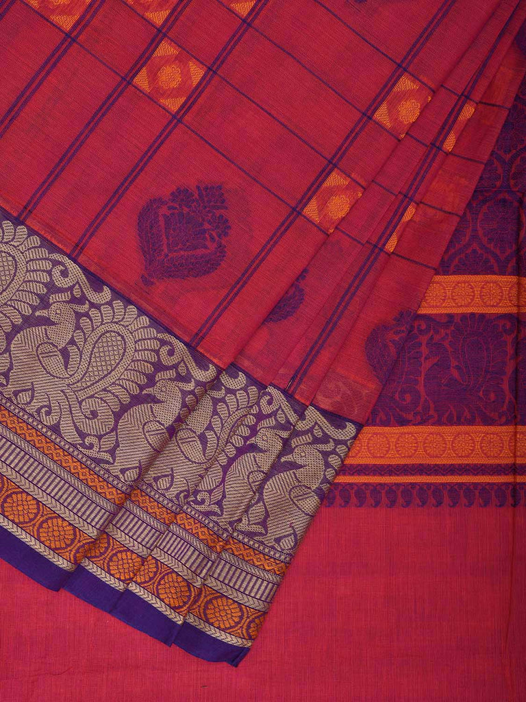 Pink and Purple Kanchipuram Cotton Saree with Checks Buta and Pallu Design k0789