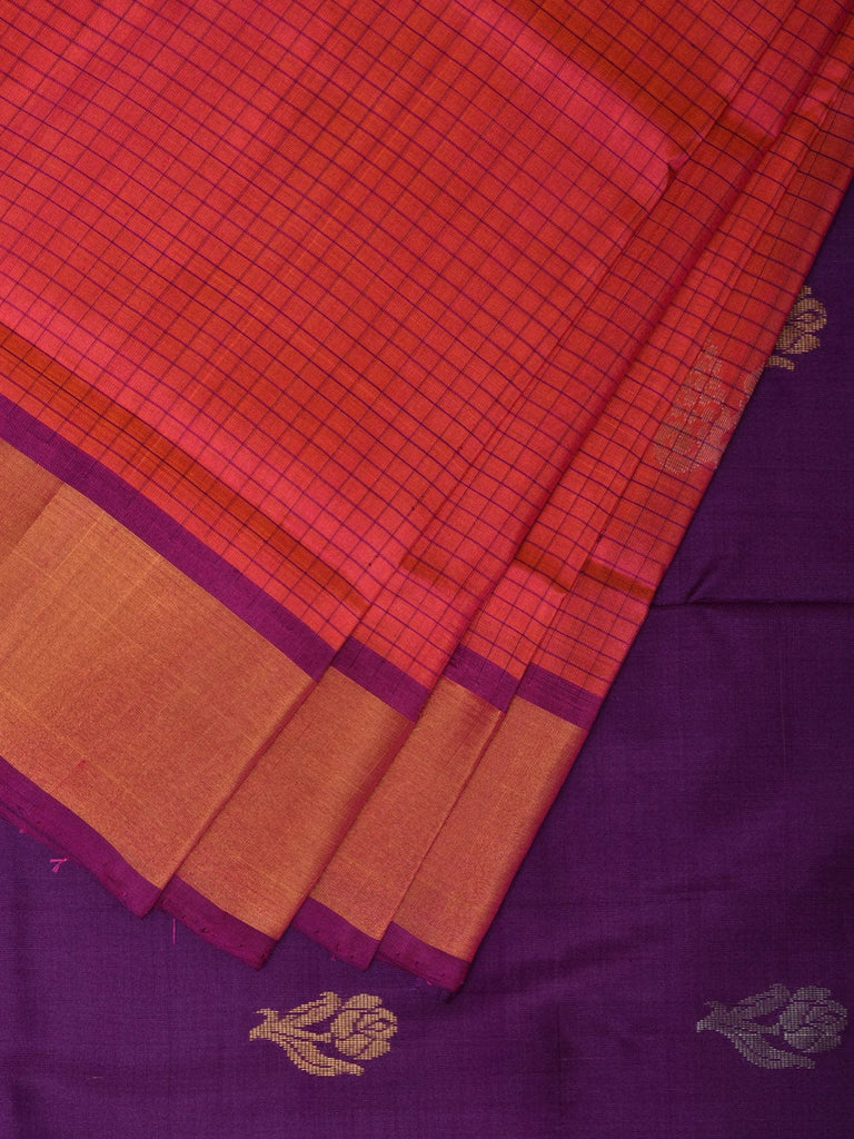 Pink and Purple Uppada Silk Handloom Saree with Body Buta and Checks Design u2195