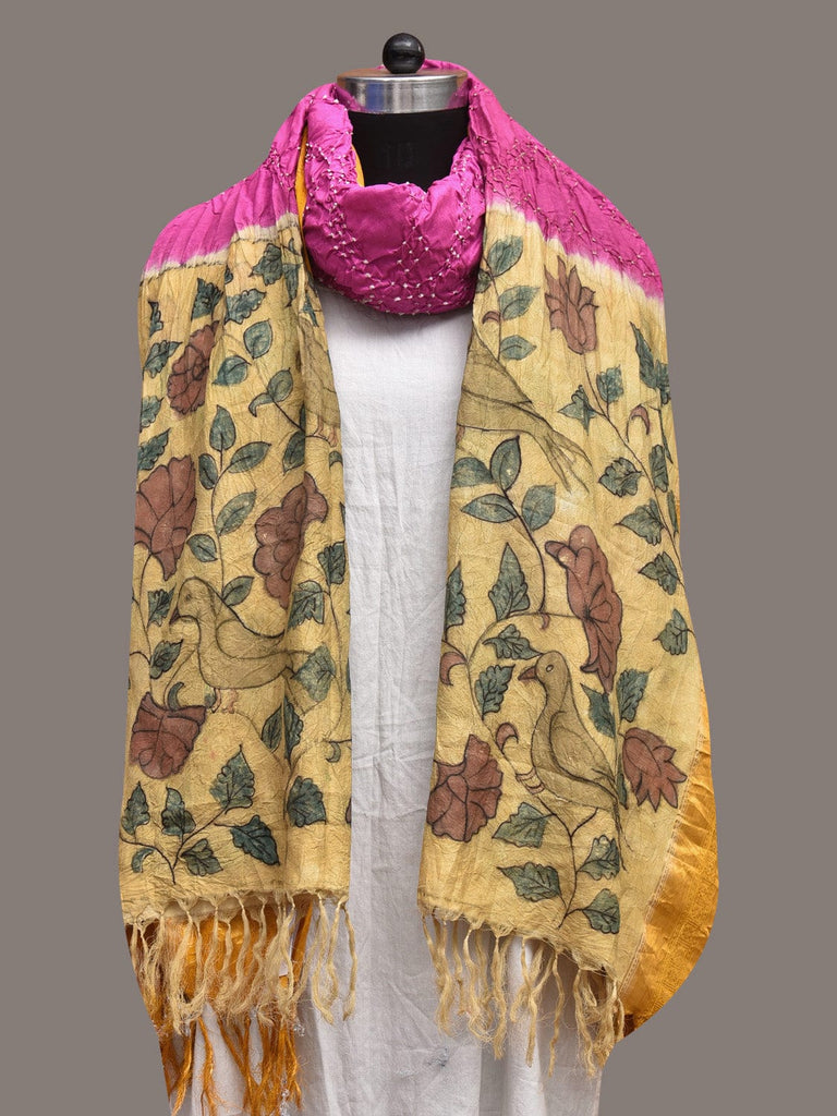 Pink and Yellow Bandhani Kanchipuram Silk Handloom Dupatta with Kalamkari Design ds3570