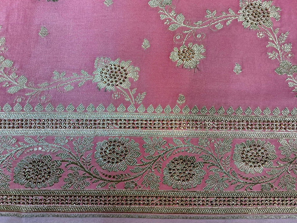Pink Banaras Katan Silk Saree with Allover Body Butti and Stone Work Design b0391ds