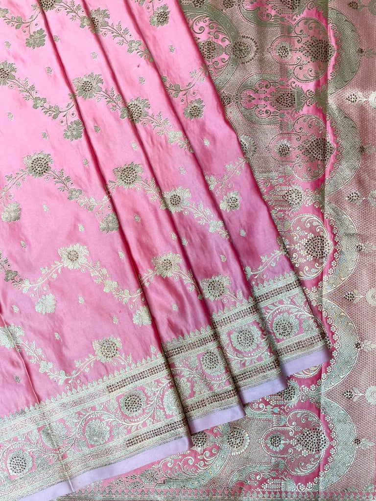 Pink Banaras Katan Silk Saree with Allover Body Butti and Stone Work Design b0391ds
