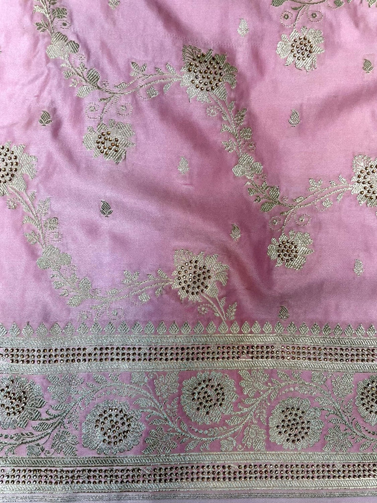 Pink Banaras Katan Silk Saree with Body Butti and Stone Work Design b0417ds