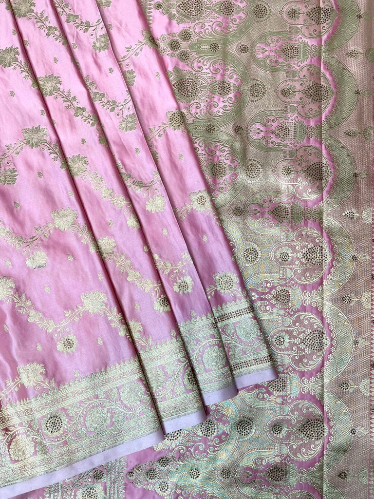 Pink Banaras Katan Silk Saree with Body Butti and Stone Work Design b0417ds
