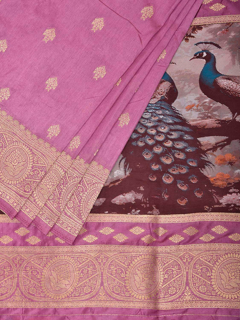 Pink Banaras Katan Viscose Saree with Peacocks Pallu and Border Design b0323
