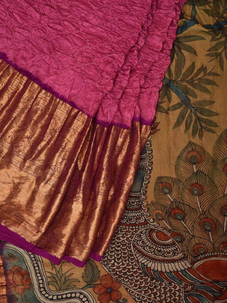 Pink Bandhani Kanchipuram Silk Handloom Saree with Kalamkari Hand Painted Pallu and Blouse Design bn0475