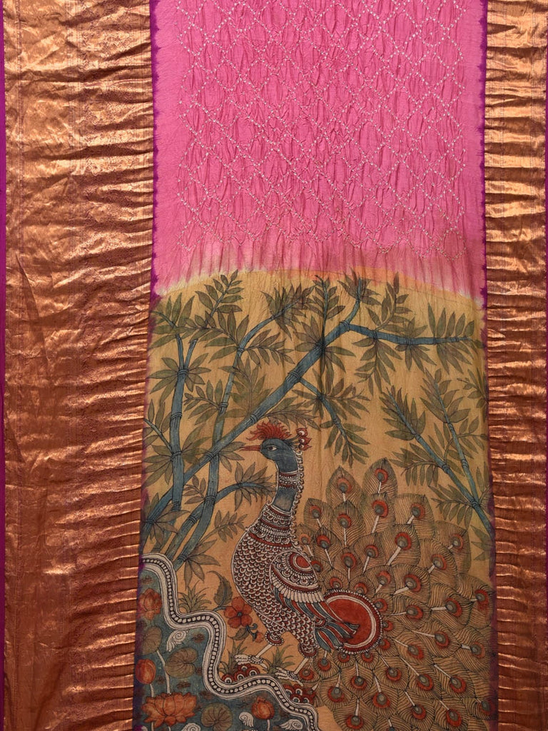 Pink Bandhani Kanchipuram Silk Handloom Saree with Kalamkari Hand Painted Pallu and Blouse Design bn0475