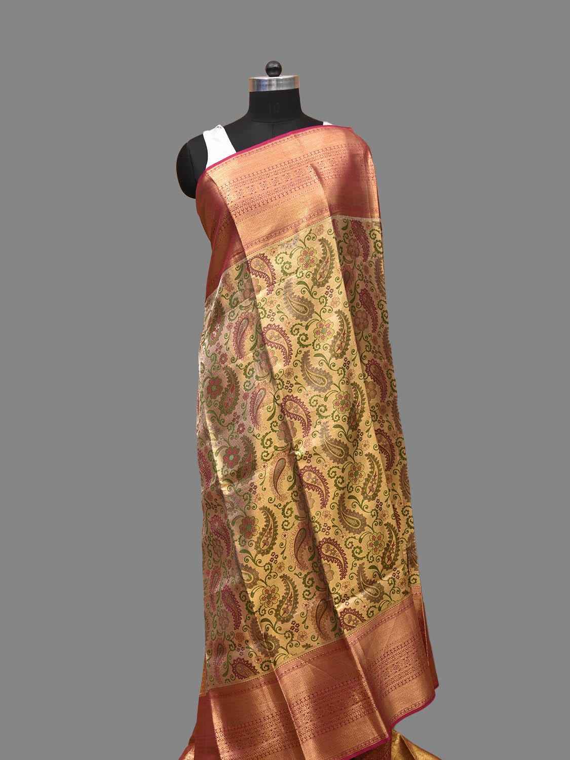 Pink Kanchipuram Tissue Dupatta with All Over Pasley and Border Design ...