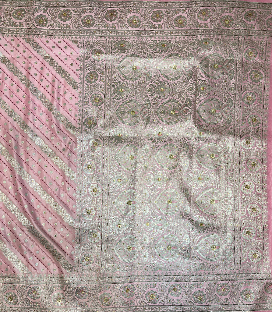 Pink Katan Banarasi Saree with Silver Zari Floral Weaving And Grand Pallu B0629ds