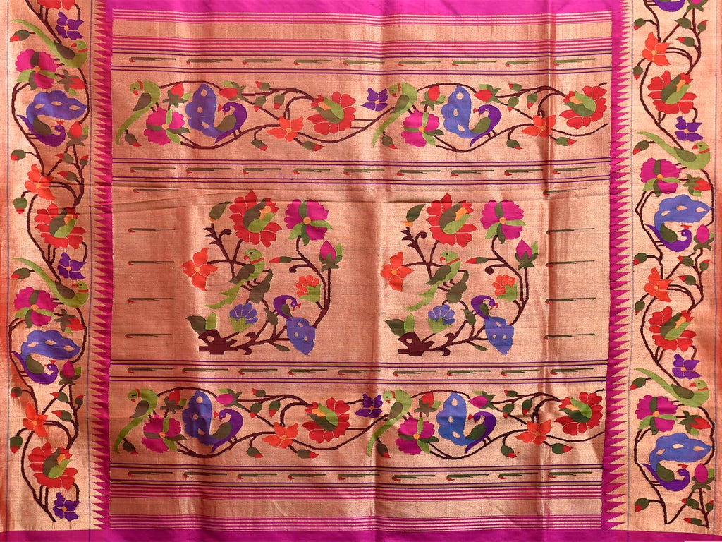 Pink Paithani Silk Handloom Saree with Peacock and Parrot Border Design p0499