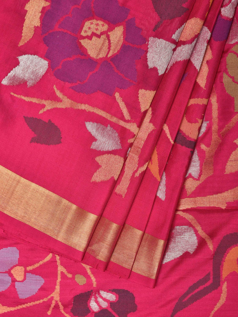 Pink Uppada Silk Handloom Saree with All Over Parrot and Floral Design u2167