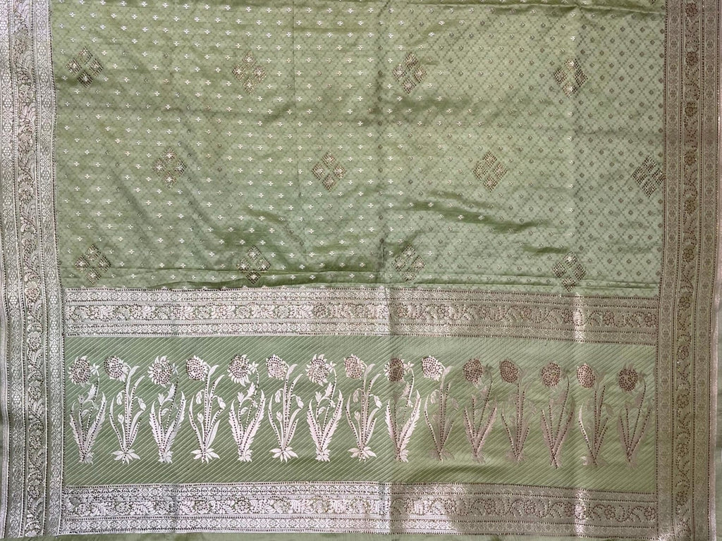 Pista Banaras Katan Silk Saree with Allover Body Butti and Stone Work Design b0392ds