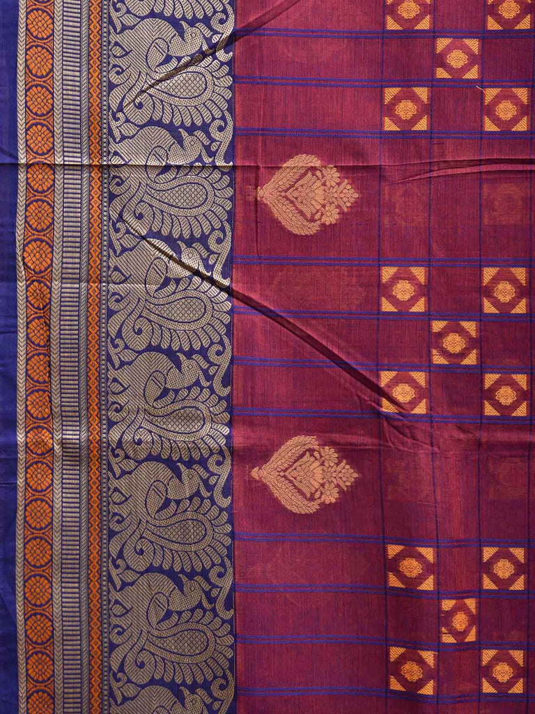Purple and Blue Kanchipuram Cotton Saree with Checks Buta and Pallu Design k0792