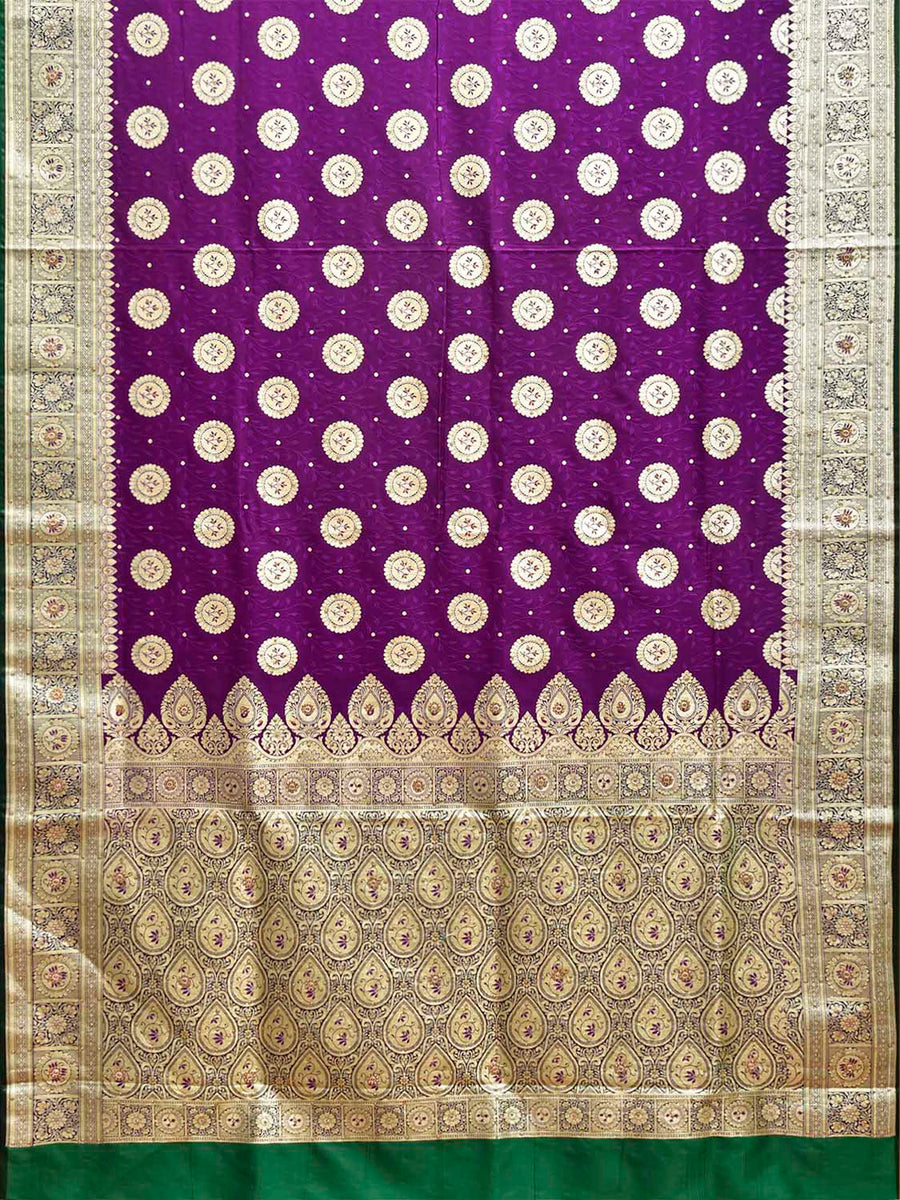 Purple and Green Banaras Katan Saree with Body Buta and Pallu Design ...